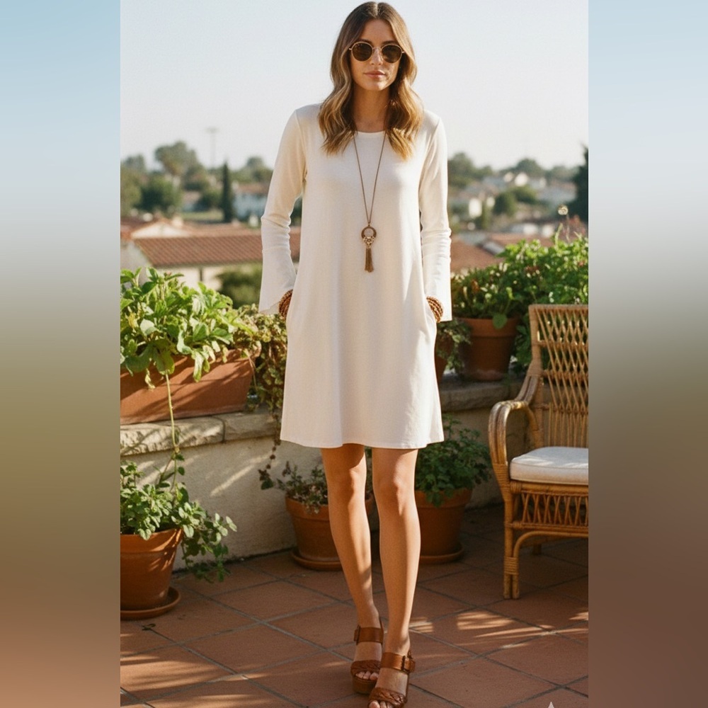 Eileen Fisher White Tencel Bell Sleeve Dress